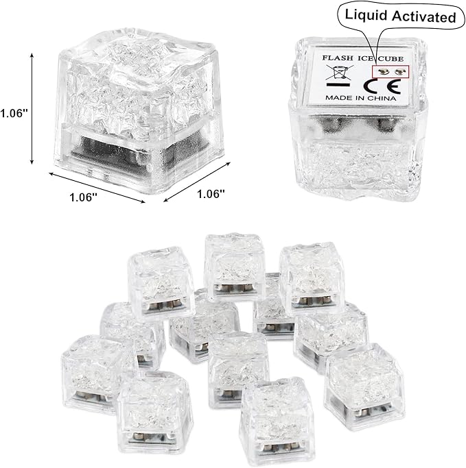 Light Up Ice Cubes for Drinks, LED Ice Cubes Liquid Activated, Glow in The Dark Waterproof Ice Cubes for Home Bar Supplies Summer Party Wedding Decor (White-12PCS)