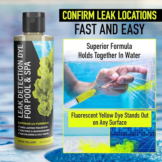 Pool Leak Detection Dye Kit - with 2 Precision Applicators - 75+ Tests - Superior Long Lasting UV Pool Dye Easily Locates Leaks - for All Pool, Spa, & Hot Tub Types - 8 OZ (Fluorescent Yellow)