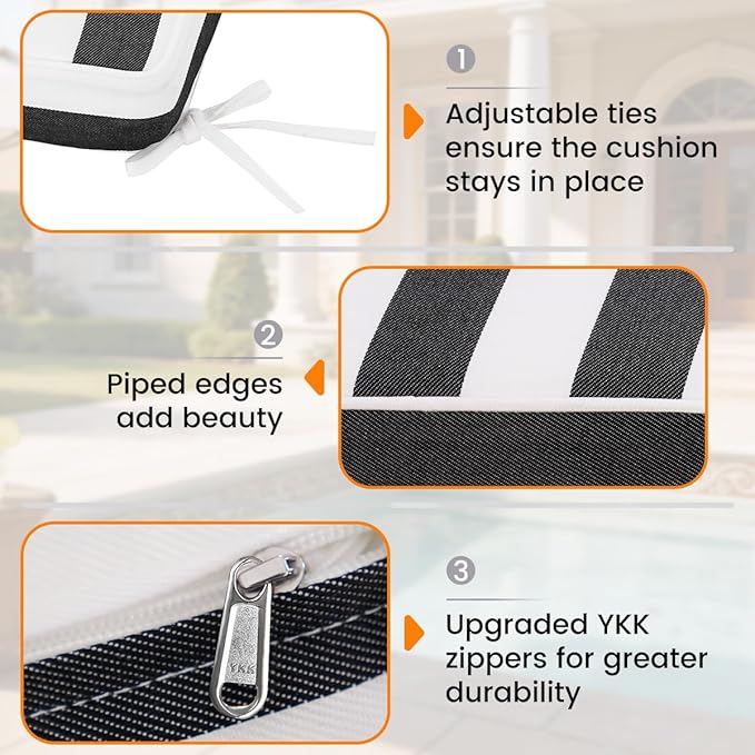 Sundale Outdoor Olefin Chaise Lounge Cushion Set of 2, Water-Resistant Patio Lounge Chair Cushion, Thick Lounger Pad with 4 Straps Cabana Stripe Black, 72 x 21 x 4 Inches