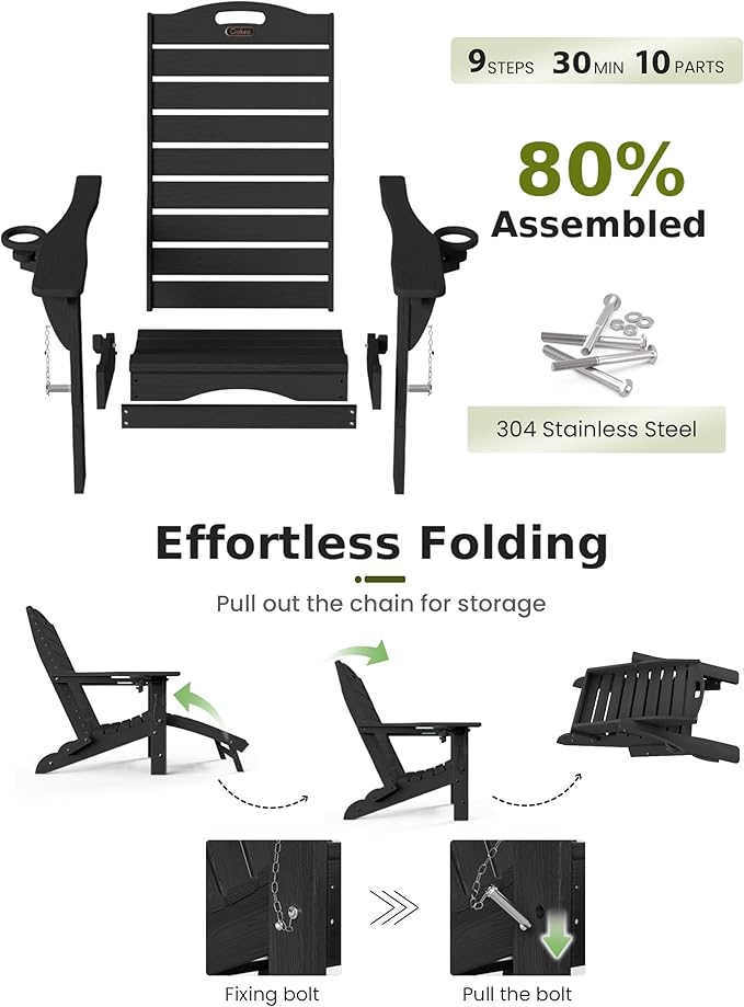 Ciokea Folding Adirondack Chair with Retractable Ottoman Fire Pit Patio Chair with Pull Out Foot Rest Weather Resistant Lawn Outdoor Lounge Chair with 2 Cup Holder (Black)