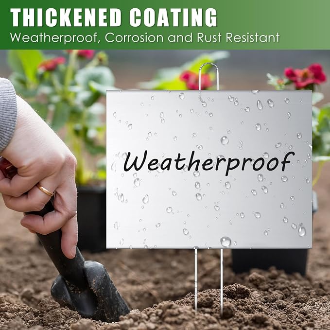 Landhoow 20 Pcs Large Garden Plant Markers Metal Plant Labels Sign 6'' x 8'' with 13'' Stake Weatherproof Waterproof Garden Sign for Outdoor Seedlings Herbs Vegetable Greenhouse, Silver
