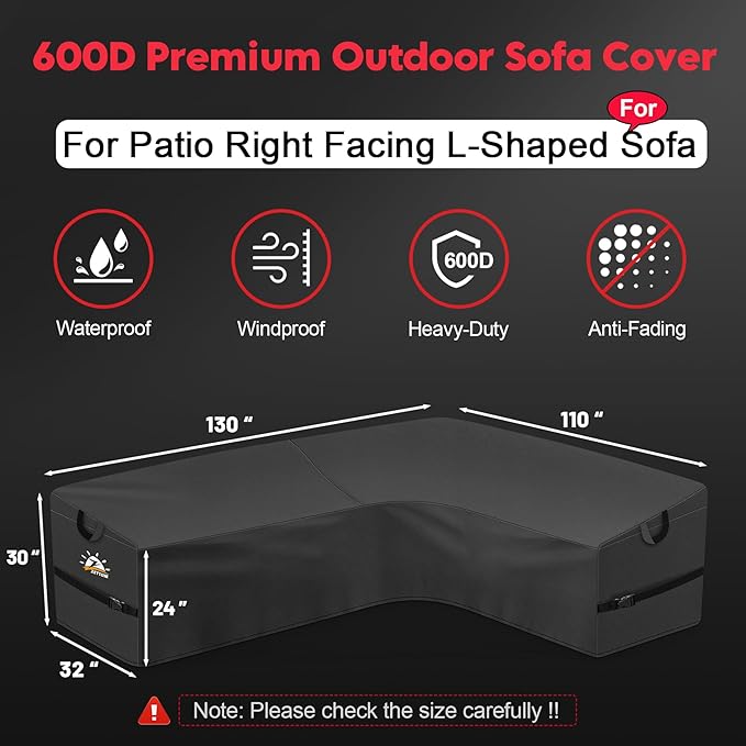 Zettum Outdoor L-Shaped Sectional Cover - 600D Patio Sectional Sofa Cover, Waterproof Patio Furniture Covers for 6-7 Seater Outdoor Sectional Sofa and Couch, Right Facing, 130x100 Inch Wide