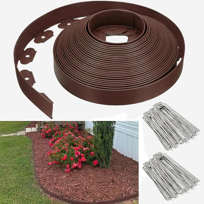 Landscape Edging, 3IN Tall Garden Edging Borders,Flexible Lawn Edging Border Kit,Mini Plastic Fence for Yard Flowerbeds,Grass (Brown, 3 in x 49 FT)