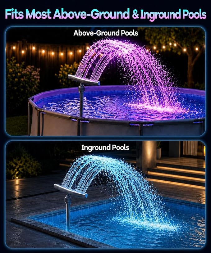Solar Pool Fountain with 22 LED Lights, Dual-Head Waterfall Sprinkler, Remote Control, 11 Colors & 6 Modes, Adjustable Height & Direction for Above & In-Ground Pools