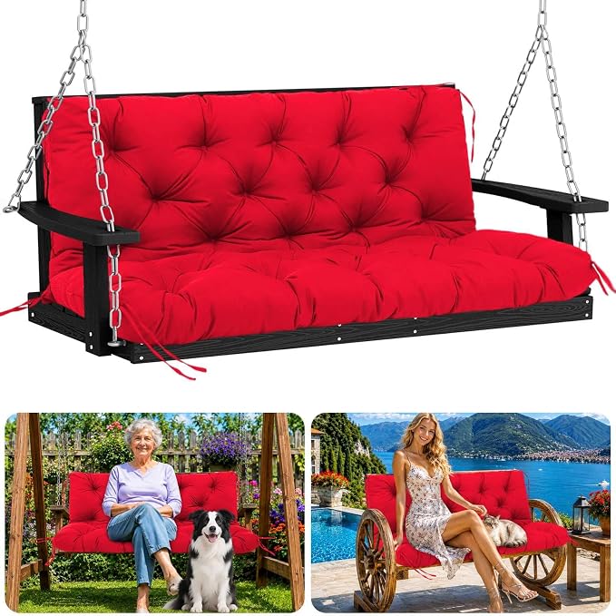 Porch Swing Cushions 60 inch Waterproof & Fade Resistant Thicken 5" Outdoor Swing Cushions 3 Seater Replacement with Backrest & Ties Patio Swing Cushions for Outdoor Furniture (Red)