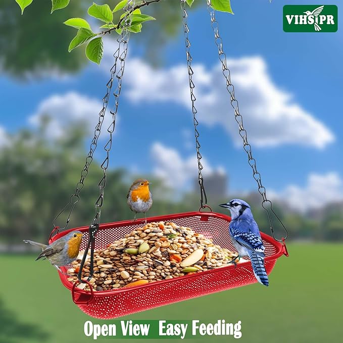 Hanging Bird Feeder for Outdoors – 12 x 8 in Rectangular Platform Bird Feeder, Metal Mesh Seed Tray for Wild Birds, Red