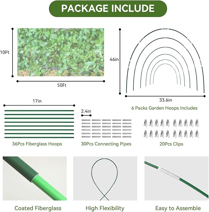 Garden Netting Kit for Raised Beds, 10x50FT Ultra Fine Mesh Netting＆ 6 Sets of 8FT Fiberglass Garden Hoops, Row Cover Insect Netting for Vegetable Plant Fruit Flowers Protection