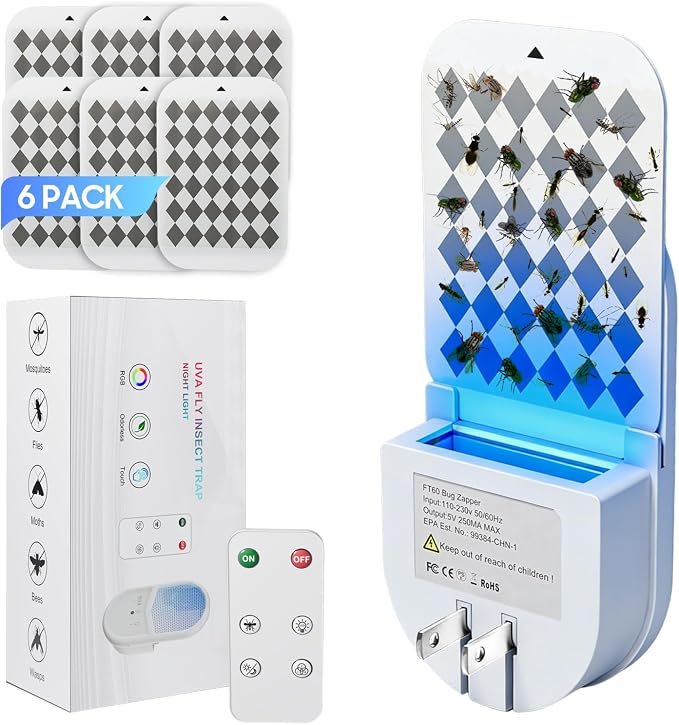 Fruit Fly Traps for Indoors, Plug in Fly Trap Indoor, 900 Sq Ft Protection Area, 6 Color Light Indoor House Bug Catcher with RC for Flying Insects Gnats Fruit Flies (1 Device+6 Refills)