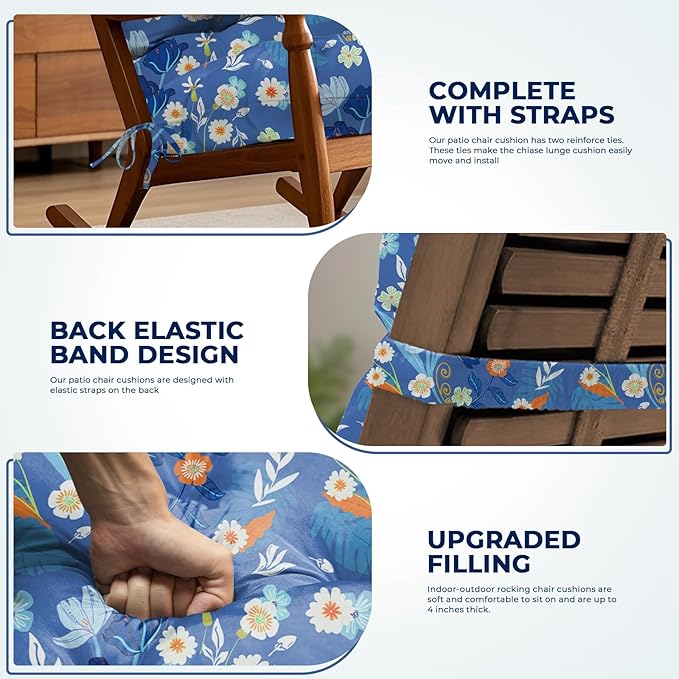 Adirondack Chair Cushion Waterproof Indoor Outdoor Rocking Chair Cushion 44 Inches Patio High Back Chair Cushions Thickened Adirondack Rocking Chair Cushions with Ties, Blue Peony