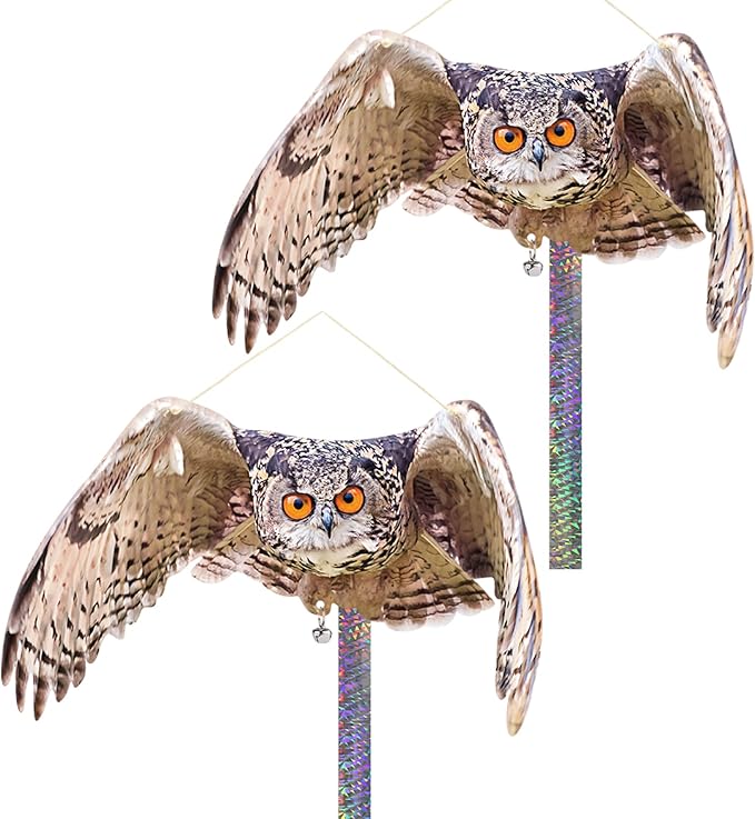 Plastic Owls to Scare Pigeon Away from Balcony, 2PCS Flat Fake Owl to Keep Woodpecker Away for House with Reflective Tape, Garden Owls, Squirrel Pigeon Scare Devices, Hanging Owl Decor for Outside