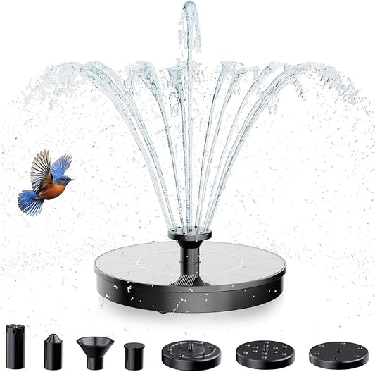 AMZtime Solar Fountain for Bird Bath, 1.4W Solar Fountain Pump 6 Nozzles, 2026 New Free Standing Solar Powered Water Pump for Outdoor, Garden, Fish Tank, Pond and Pool