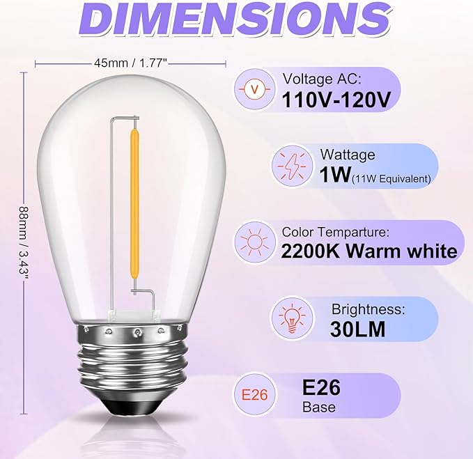 GvvooHome 28 Pack S14 Bulbs for Outdoor String Lights, Shatterproof LED Replacement Bulbs for Patio String Lights Outdoor Waterproof, E26 Base, Soft White 2200K, Dimmable