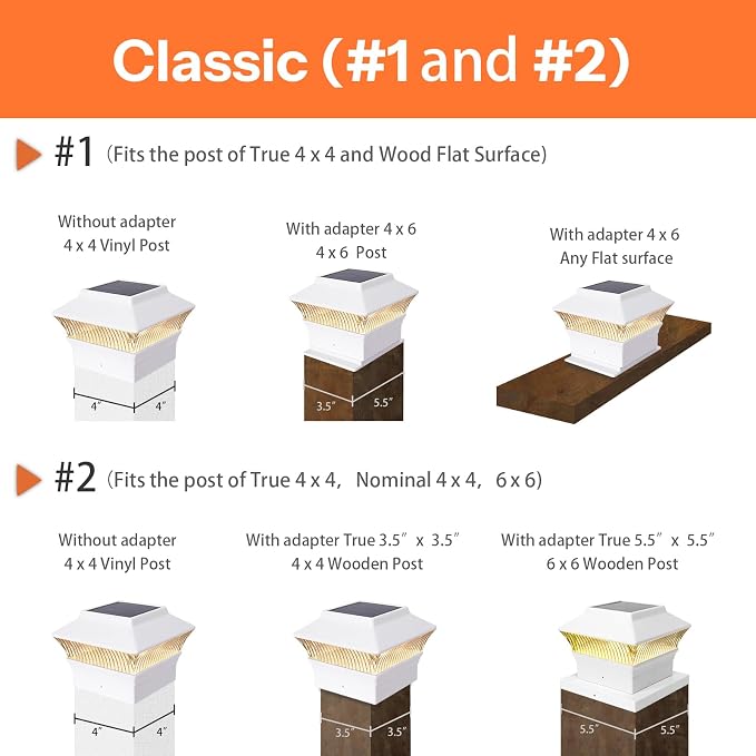 8 Pack Solar Post Cap Lights - Classic #2: Fits 4x4 Vinyl, 4x4 & 6x6 Wood Posts, 25 Lumen 3000K Warm White, Outdoor Deck Fence Light, Waterproof, Elegant White