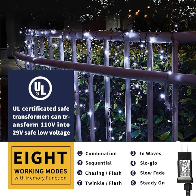 XTF2015 105ft 300 LED Christmas String Lights, End-to-End Plug 8 Modes - UL Certified - Outdoor Indoor Fairy Lights for Christmas Tree, Patio, Garden, Party, Wedding, Holiday (Cool White)