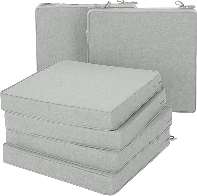 Outdoor Chair Cushions, Water-Resistant & Fade-Resistant, Patio Furniture Square Seat Replacement Chair Pads with Ties, Removable Cover, Non-Slip Bottom, Set of 6, 24 x 24 Inch, Light Grey