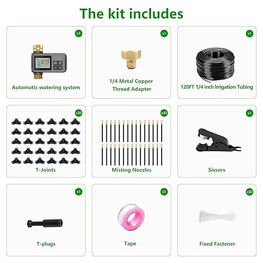 120 Ft Drip Irrigation System with Smart Water Timer – Automatic Garden Watering Kit with Solid Brass Metal Connectors, 360° Adjustable Nozzles & Bendable Tubing for Garden, Greenhouse & Lawn