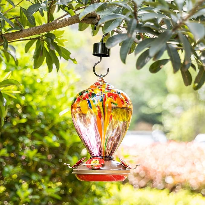 Muse Garden Hummingbird Feeders for Outdoors Hanging, Blown Glass Hummingbird Feeder, Humming Bird Gifts for Mom, Garden Decor for Outside, Unique Gifts Idea for Women, 34OZ, Purple Tulips | Muse Garden Hummingbird Feeders for Outdoors Hanging, Blown G...