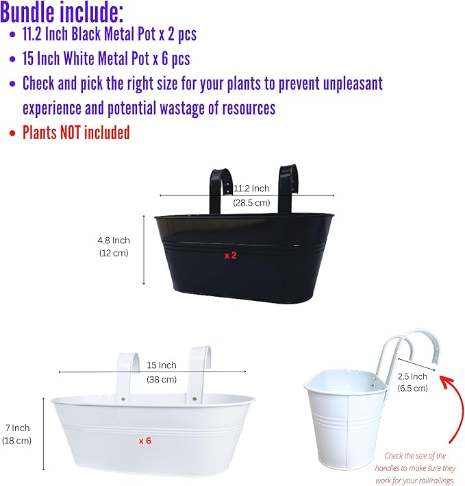 LaLaGreen Bundle- 2 Pack, 11.2 Inch Black Metal Pot + 6 Pack, 15 Inch White Metal Pot Wall Mount Window Hanging Rail Planter Boxes with Hook Flower Herb Bucket Fence Patio Porch Garden Decor Outdoor