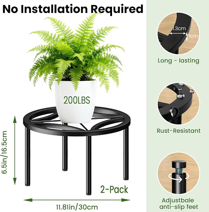 TOSKING 2-Pack Fully Assembled Heavy Duty Metal Plant Stand, Geometric Flower Pot Holder for Heavy Potted Plant, Rustproof Iron Plant Riser with Adjustable Feet, 200 LBS Capacity, No Installation Required, Indoor/Outdoor, Black (11.81"Dia x 6.5"H)