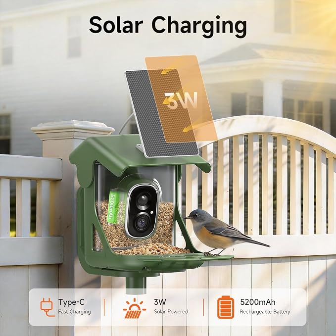 Smart Bird Feeder with Camera - Solar Powered, AI Bird Recognition, 2.4G WiFi 2.5K HD Video Live Stream, Full Color Night Vision, Instant Arrival Alerts, Weatherproof Bird House for Outside