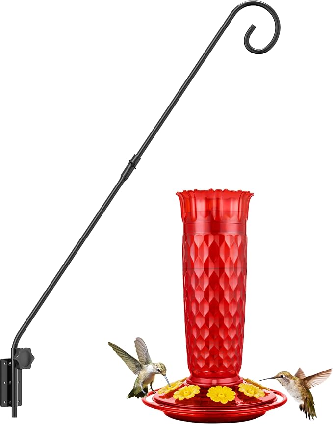 iBorn 16OZ Hummingbird Feeders for Outdoors with Built-in Ant Moat&28" Wall Mount Deck Hook,180° Rotatable Arm, Solid Wire, Pack of 1