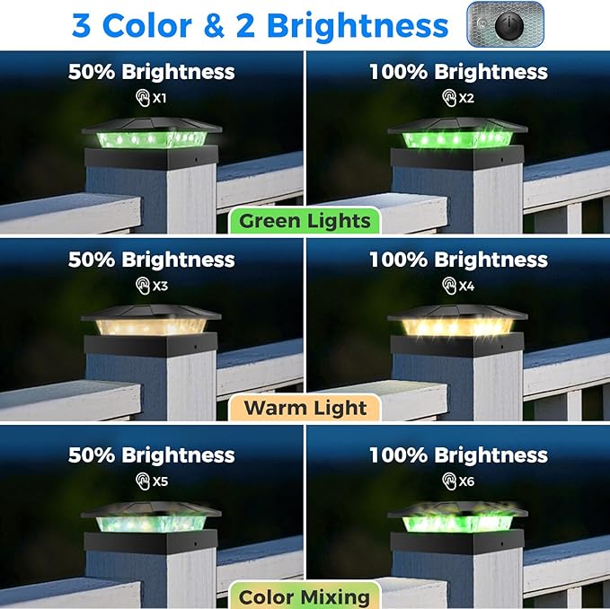 Peasur 4x4 Solar Post Lights Outdoor, 4 Packs Green & Warm White LED Fence Caps Light Waterproof, Wood & Vinyl Post Top Lighting for Deck Mailbox Railing Porch Outside