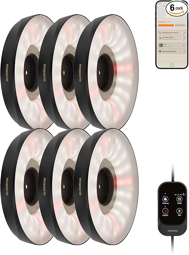 GLOWRIUM Grow Lights for Indoor Plants, Full Spectrum Puck Grow Light with Manual & APP Control, 48W(6 x 8W) Plant Lamp Auto-Timer, Plant Assistant 10 Levels Dimmable for Plant Shelf (6 Packs,Black)