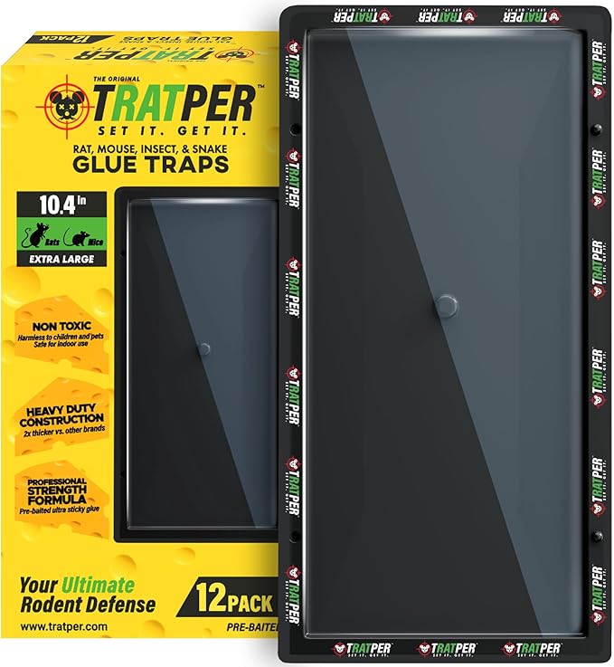 TRATPER Glue Traps for Mice,Rat,Mouse,Snake,Lizard,Insect. 12 Pack. Extra Strength,Pre-Baited Adhesive.Heavy Duty Plastic Tray.Non-Toxic,Chemical-Free Pest Control for Home. 12Pack