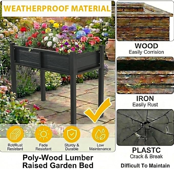 DWVO Raised Planter Box with Legs Raised Garden Bed HDPE Poly-Wood All-Weather Elevated Garden Bed with Drainage System Planter Boxes Outdoor for Herbs Vegetables Flowers, Black
