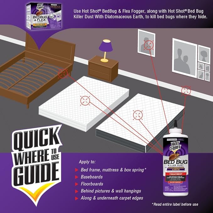 Hot Shot Bed Bug Killer Dust With Diatomaceous Earth 8 Ounces, Treatment For Bed Bugs, 6 Pack