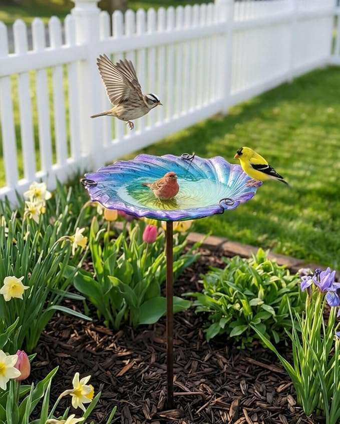 Blue Glass Bird Bath for Outside with Metal Stake 10.5" | Shallow Decorative Garden Birdbath Bowl or Feeder for Backyard Patio Lawn | Outdoor Water Dish for Small Birds