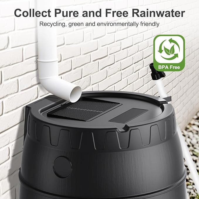 45 Gallon Rain Barrel with Stand for Gutter Rainwater Collection, BPA-Free Water Storage Barrel with Mesh Screen, Spigot and Overflow Valve for Garden Watering and Outdoor Use