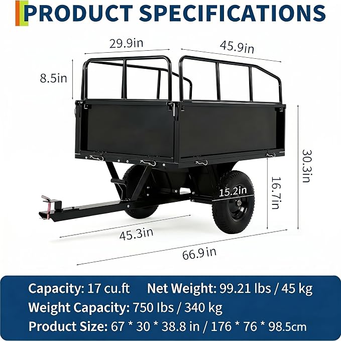 Heavy Duty ATV Trailer Steel Dump Cart, 750 lbs 17 Cubic Feet, Garden Utility Trailer Yard Trailers with Removable Sides for Riding Lawn Mower Tractor