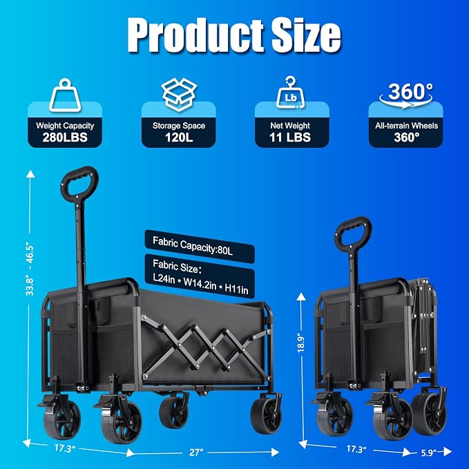 Collapsible Wagon Cart Foldable with Wheels - 280LBS Large Heavy Duty Folding Utility Wagon with All-Terrain Wheels & Brakes for Shopping Garden Beach Camping, 2 Drink Holders/Lightweight/Black