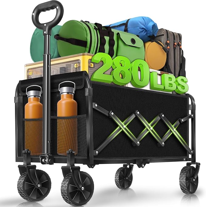 Collapsible Wagon Cart with All-Terrain Wheels - Folding Utility 280LBS Heavy Duty Wagons Carts for Grocery Sports Garden Shopping Camping Fishing (Black, 120L)