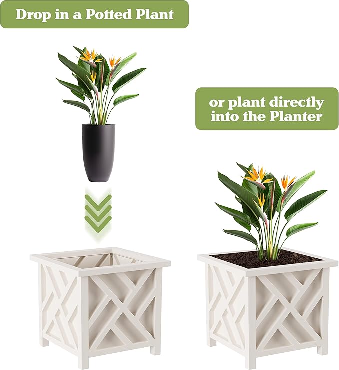 Lattice Design Outdoor Planter Box - 14.75” Square 13” Tall White Plant Pot - Decorative Plant Pots for Front Porch Decor - Flower Pots Outdoor Planters for Porch Patio or Garden Decor by Pure Garden