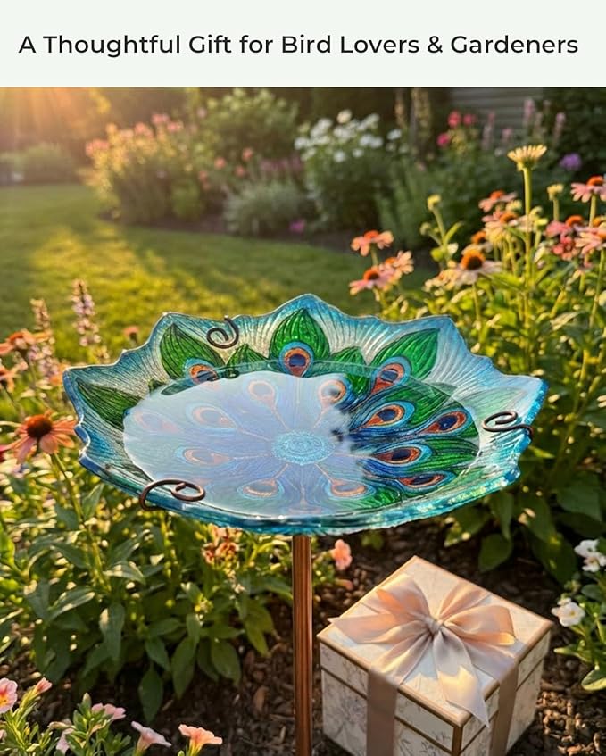 Glass Bird Bath with Stake 10.5" – Shallow Bird Bath for Outside Garden Backyard – Decorative Birdbath & Feeder for Patio Lawn – Hand-Painted Glass Water Dish, Peacock