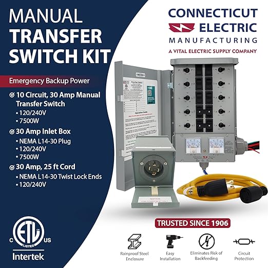 Connecticut Electric EmerGen Manual Transfer Switch Kit 30 Amp, 25 Foot Cord, 10-Circuit, 7500 Watts, EGS107501G2K25 for Portable Generator (with 25 FT Generator Cord)