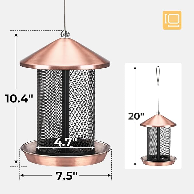 Veehoo Metal Bird Feeder for Outdoors-Dual Seed Chambers & Wild Bird Feeder Hanging Bird Feeder for Outside, Mesh Tube Feeder with Weatherproof Roof for Cardinal Bluebird Finch, Antique Copper