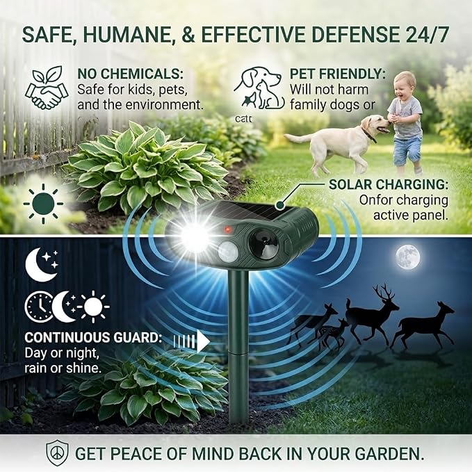 2026 4Pack Sonic Fortress Pro Deer Repellent Devices to Protect Hostas&Plants,Solar Ultrasonic Animal Repellent with Flash Light&Motion Activated for Garden,Yard,Keep Rabbit,Squirrel Away (4)