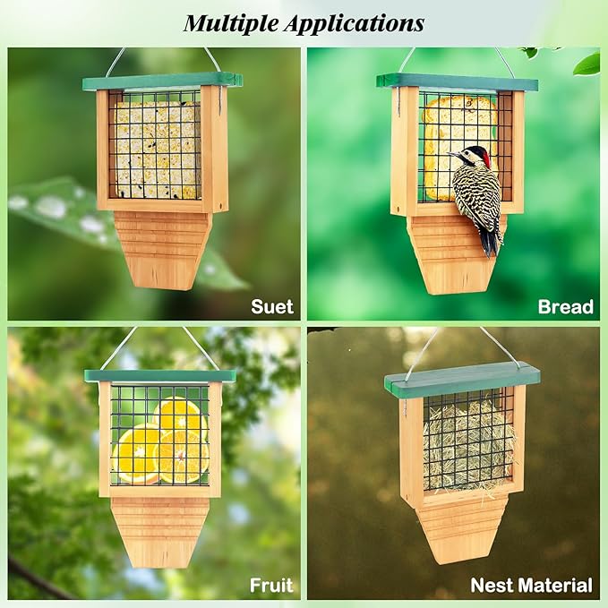 Gbekery Wooden Suet Bird Feeder for Outside Hanging, Woodpecker Suet Feeder with Tail Prop, Hanging Bird Feeder for Wild Birds, 1 Pack, Green