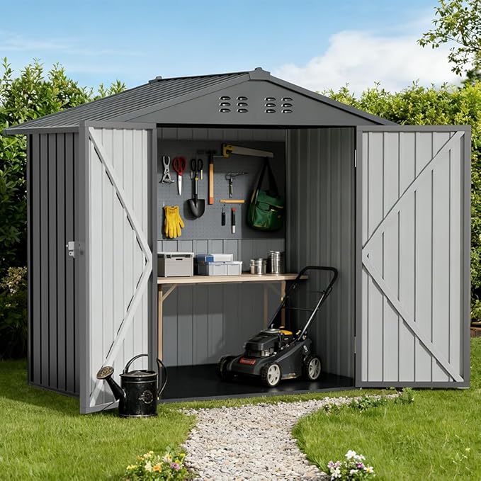 COMHOMA Shed Storage Outdoor Metal Windowed Lockable Solar Motion Light Adjustable Weatherproof Ventilated Backyard Garden Utility Workshop(Grey,6'*4')