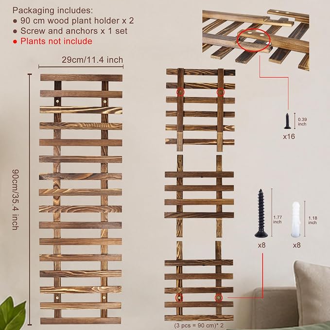 2 Pcs Wall Planter for Indoor Outdoor Plants - Wooden Wall Amounted Plant Holder for Hanging Pots, Vertical Pack Wood Garden Trellis for Climbing Plants Orchid Ivy Vine Rose Patio Home Decor, 35.43"