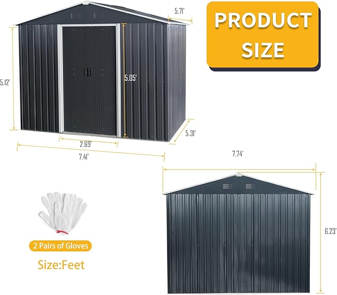 KEIKI 8x6 FT Outdoor Metal Storage Shed with Peaked Roof,Vents and Lockable Door for Garden Yard