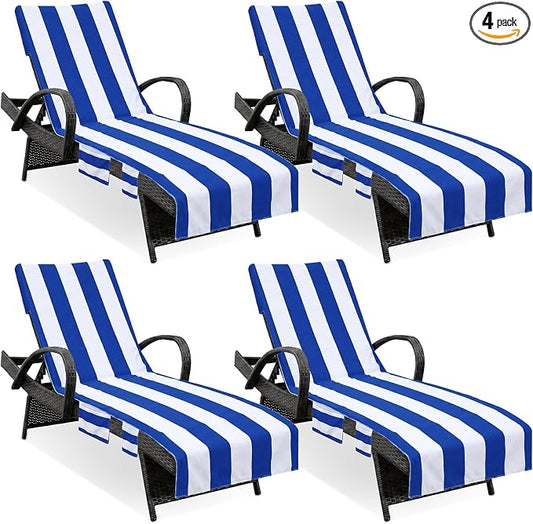 4 Pack Lounge Chair Towel Covers Striped Beach Chair Covers with Pockets Absorbent Microfiber Chaise Lounge Slipcover for Patio Pool Sun Lounger, 83 x 29.5 Inch