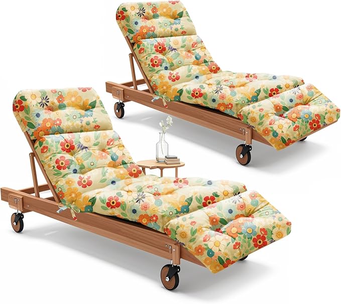 2 Pack Outdoor Chaise Lounge Chair Cushion 75.1 x 22.8 x 4.7 Inches 100% Waterproof Replacement Cotton Patio Pool Lounge Chair Cushion for Outdoor Furniture with Ties,Daisy
