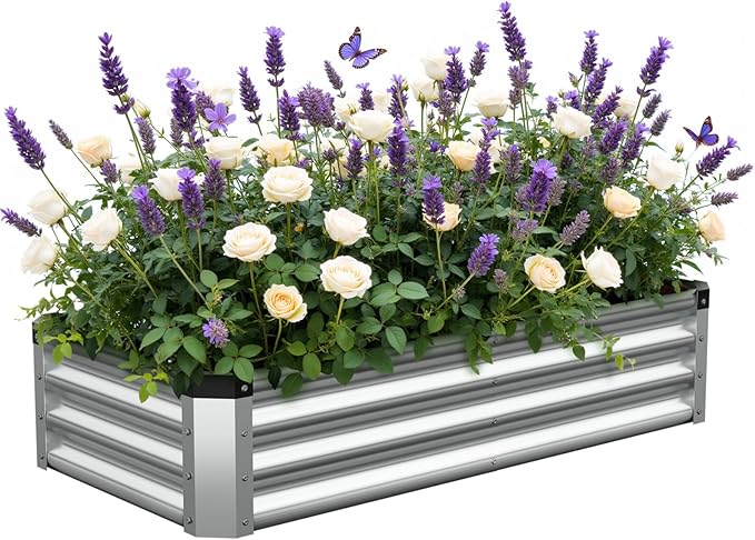 4x2x1 Ft 2Packs Metal Raised Garden Bed, Rectangular Outdoor, Garden Bed Planter Box for Vegetables, Flowers and Herbs, Color Coated Steel Raised Planter Bed Kit (Silver)