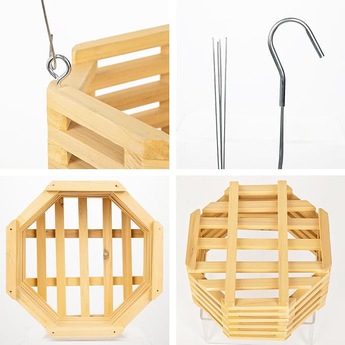 10" Wooden Orchid Basket with Hanger for Vandas & Ferns, Octagon Wood Hanging Planter for Patio, Balcony Decor, Garden Flower Pot for Indoor Outdoor Plants