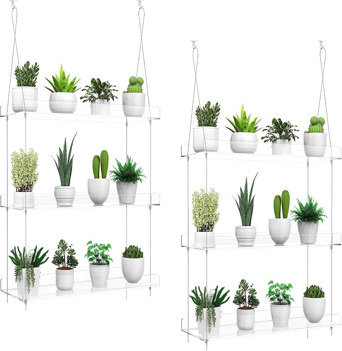 2-Pack Hanging Clear Plant Shelves for Windows, 3-Tier Acrylic Window Wall Plant Stand Shelf for Kitchen Window Indoor Gardens, Flower,Fleshy Plant,Herb, Seedling Organization, and Plants Pots Display