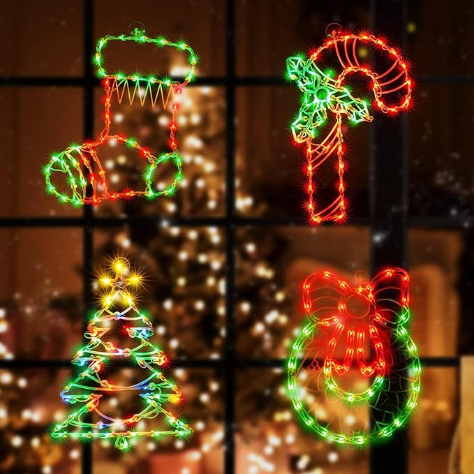 4 Pack Christmas Window Silhouette Lights, Lighted Candy Cane,Christmas Tree,Wreath and Christmas Stocking of Double Sided Decorations with 200 Count Incandescent Mini Light